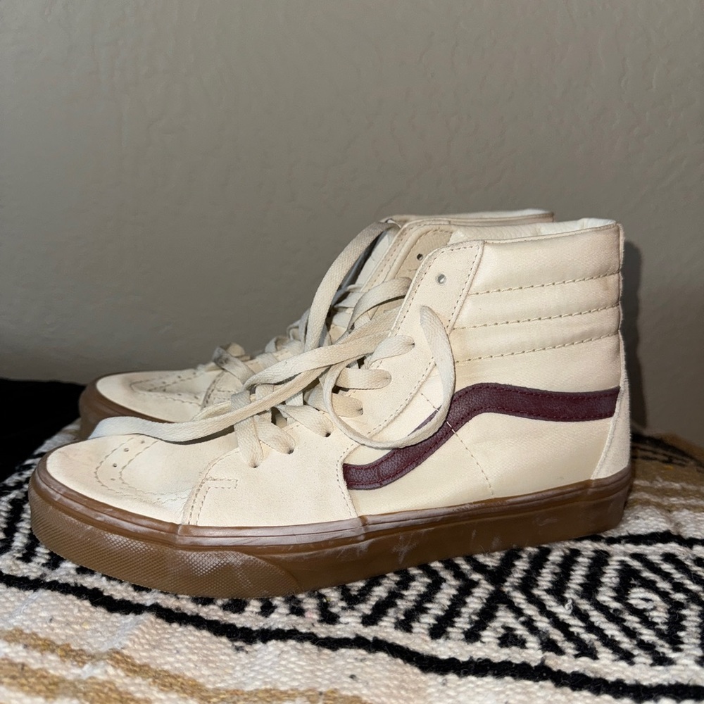 Vans Cream and Burgundy High-Tops Women’s 9